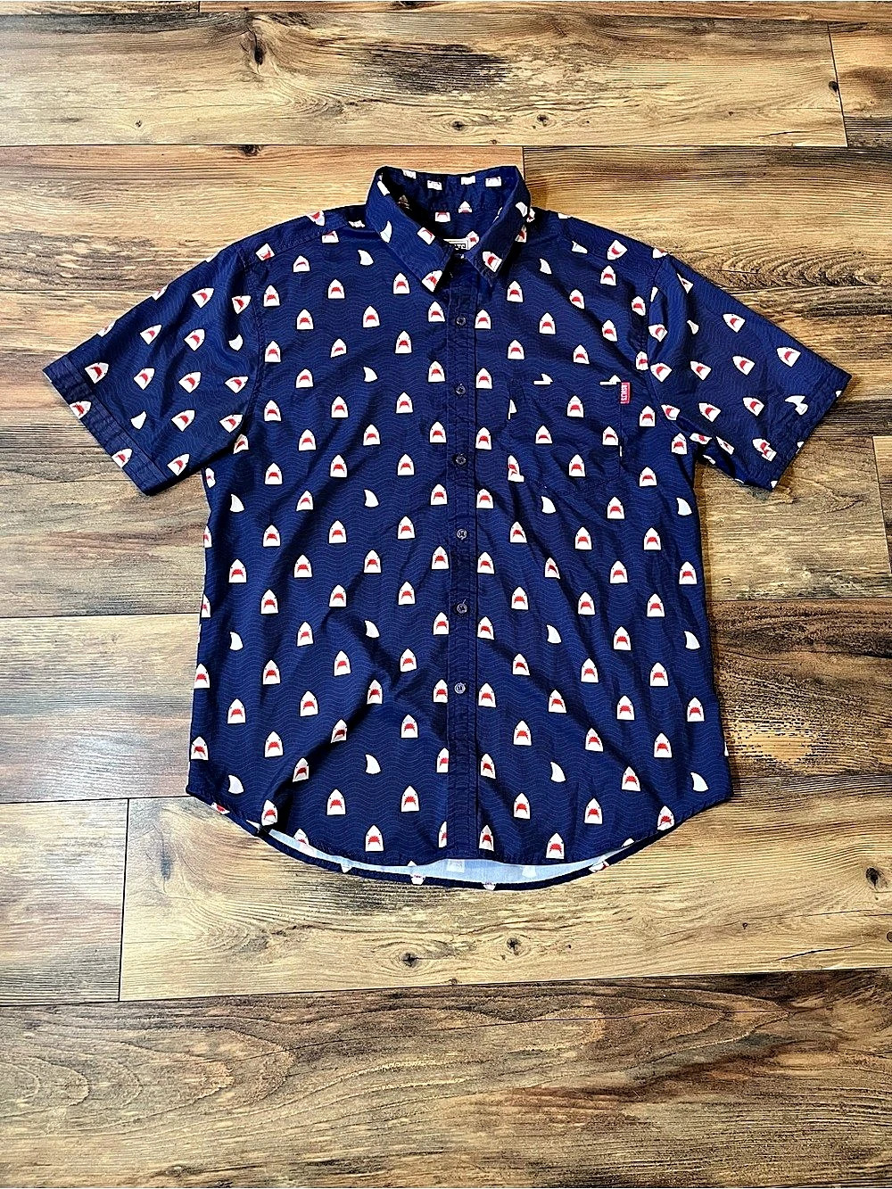 RSVLTS Shirt Mens L Blue Chomp Shark Graphic Print Short Sleeve Button Up